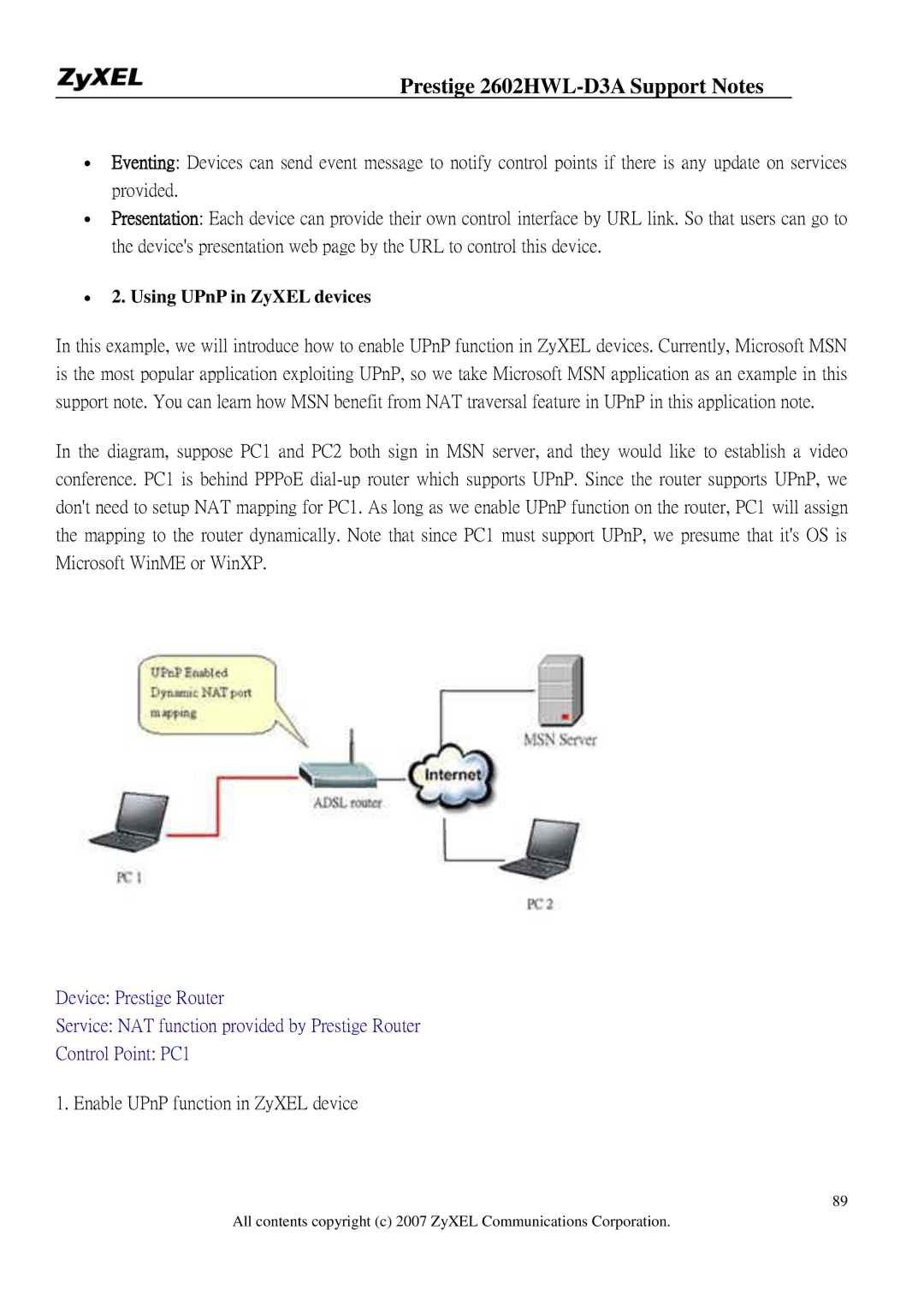 ZyXEL Communications 2602HWL-D3A manual ∙ 2. Using UPnP in ZyXEL devices, Enable UPnP function in ZyXEL device 