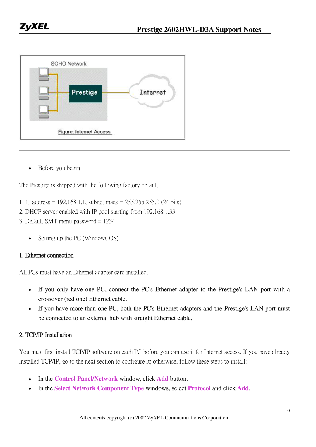 ZyXEL Communications 2602HWL-D3A manual Ethernet connection, All PCs must have an Ethernet adapter card installed 