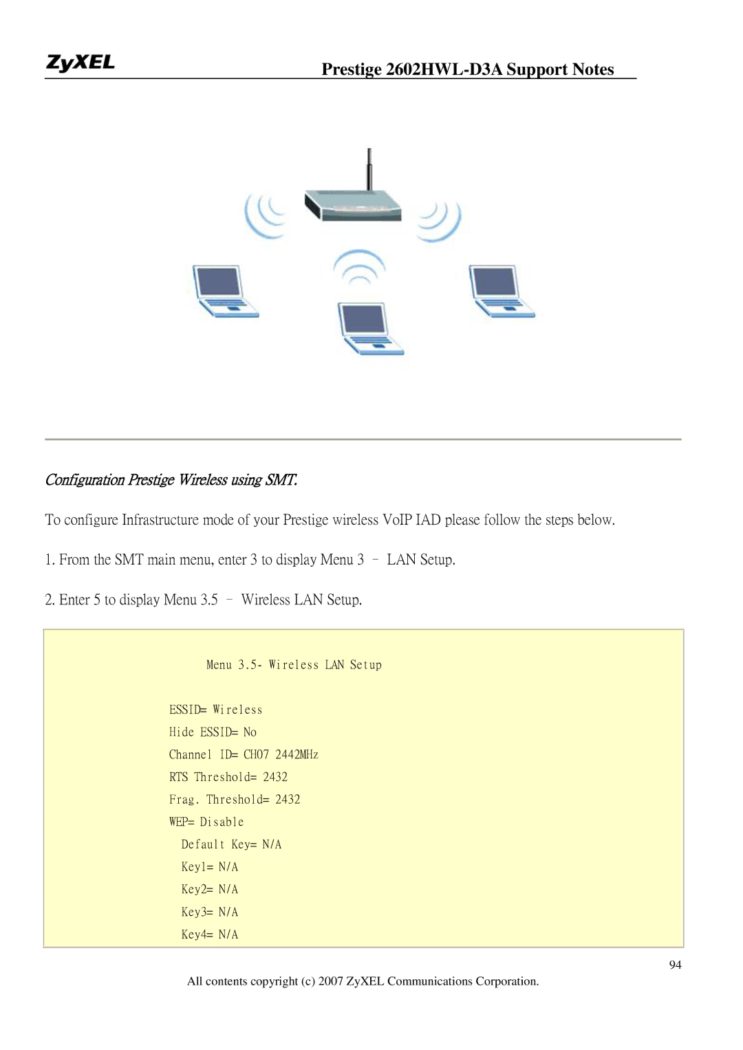 ZyXEL Communications 2602HWL-D3A manual Configuration Prestige Wireless using SMT 