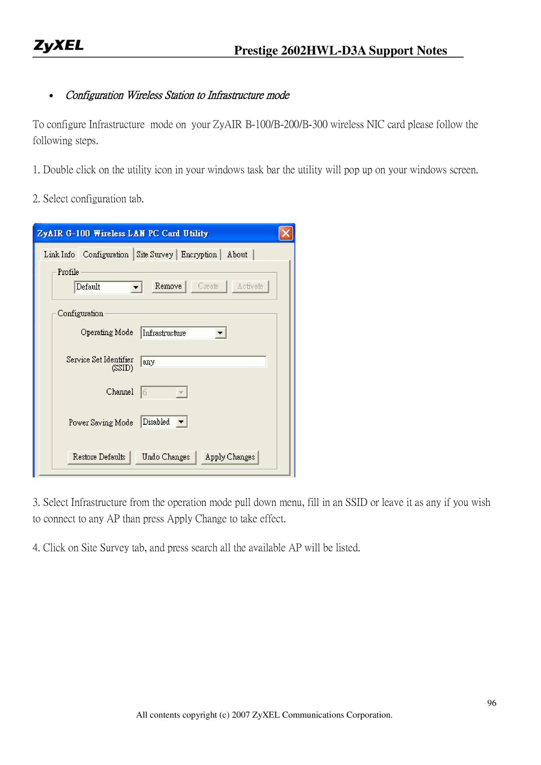 ZyXEL Communications 2602HWL-D3A manual ∙ Configuration Wireless Station to Infrastructure mode 