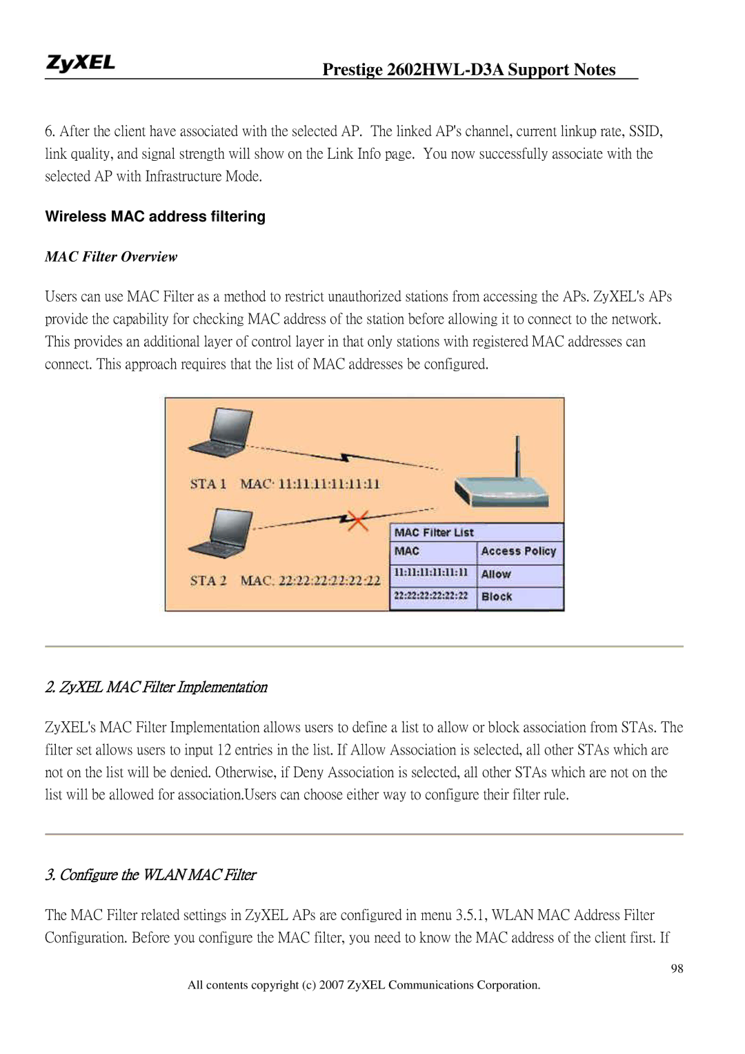 ZyXEL Communications 2602HWL-D3A manual Wireless MAC address filtering, MAC Filter Overview 