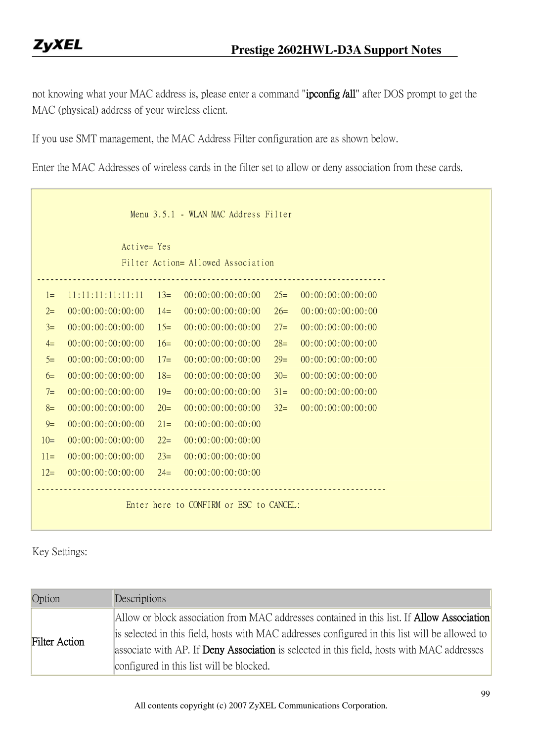 ZyXEL Communications 2602HWL-D3A Key Settings Option Descriptions, Filter Action, Configured in this list will be blocked 