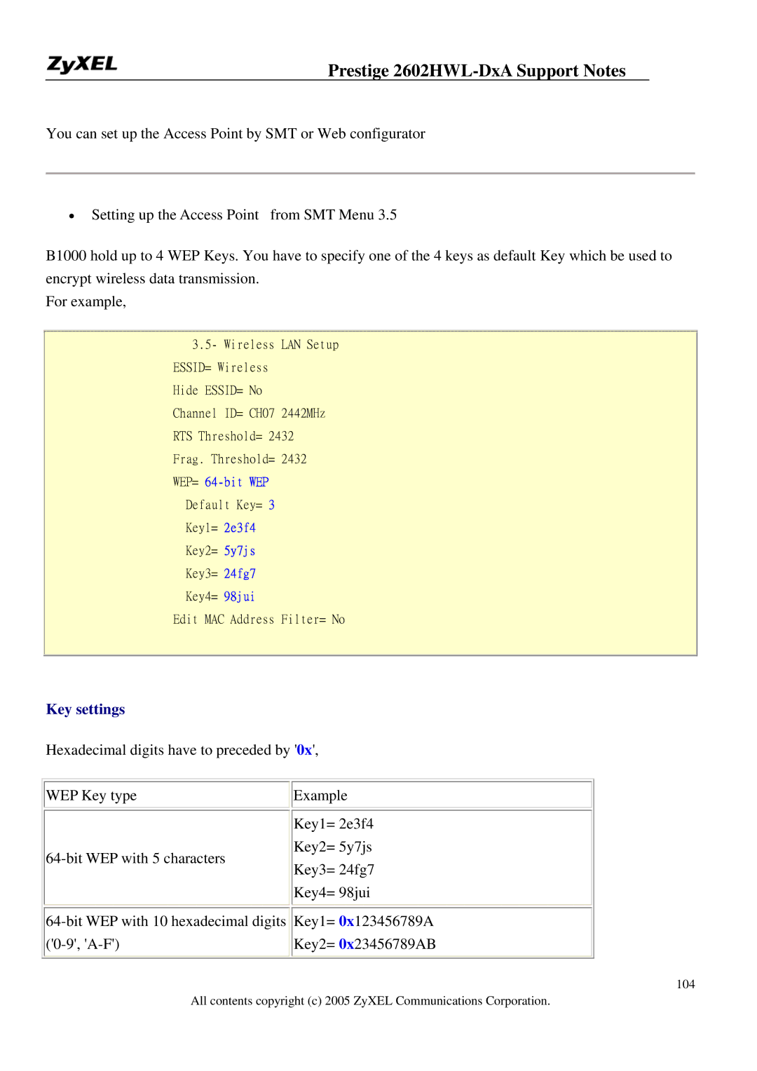 ZyXEL Communications 2602HWL-DXA manual Key settings 