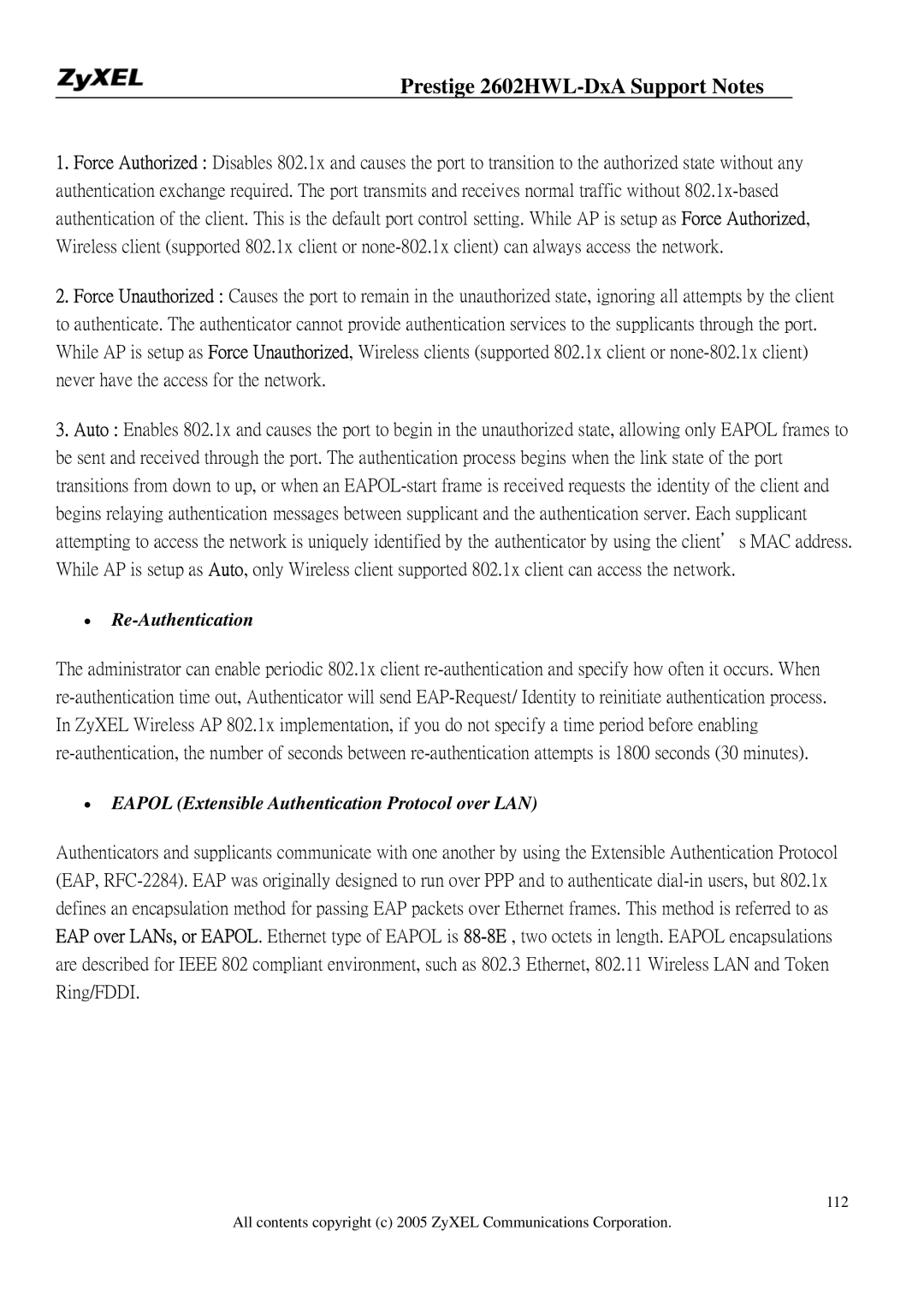 ZyXEL Communications 2602HWL-DXA manual Re-Authentication 