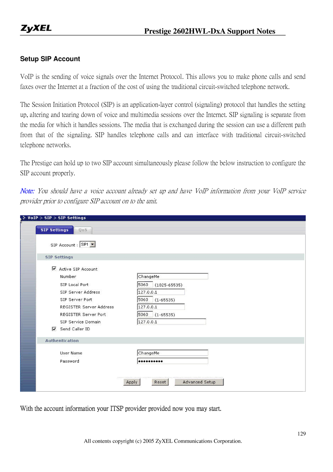 ZyXEL Communications 2602HWL-DXA manual Setup SIP Account 