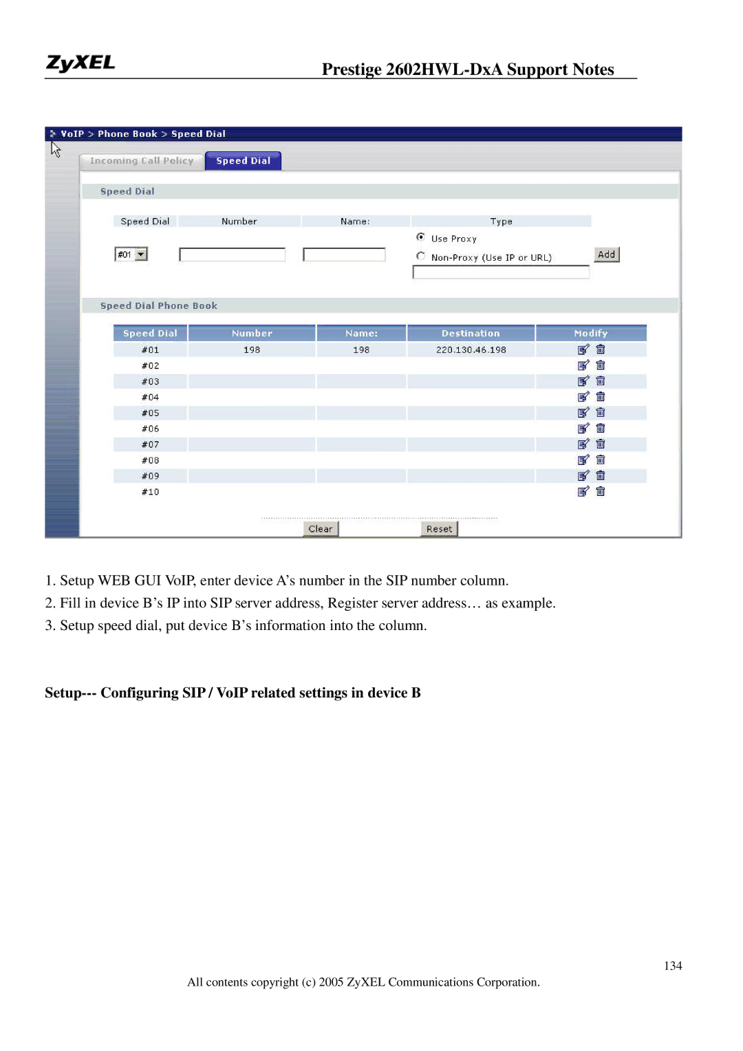 ZyXEL Communications 2602HWL-DXA manual Setup--- Configuring SIP / VoIP related settings in device B 