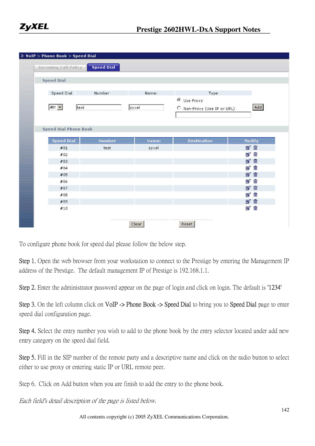 ZyXEL Communications 2602HWL-DXA manual Each fields detail description of the page is listed below 