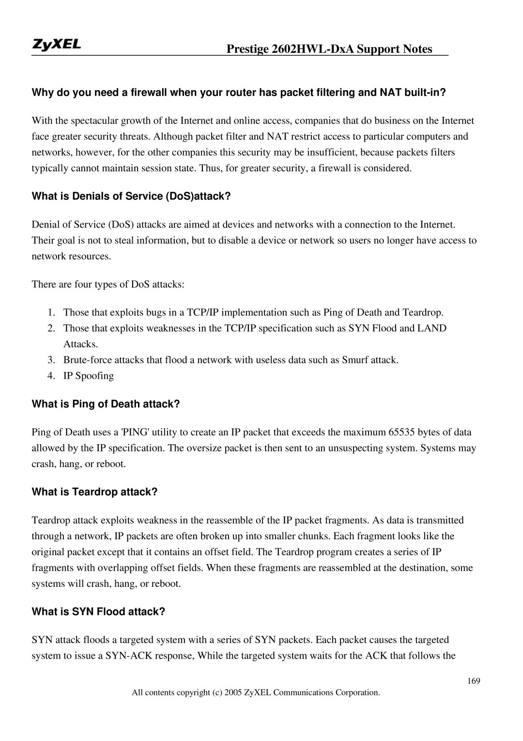 ZyXEL Communications 2602HWL-DXA manual What is Denials of Service DoSattack?, What is Ping of Death attack? 