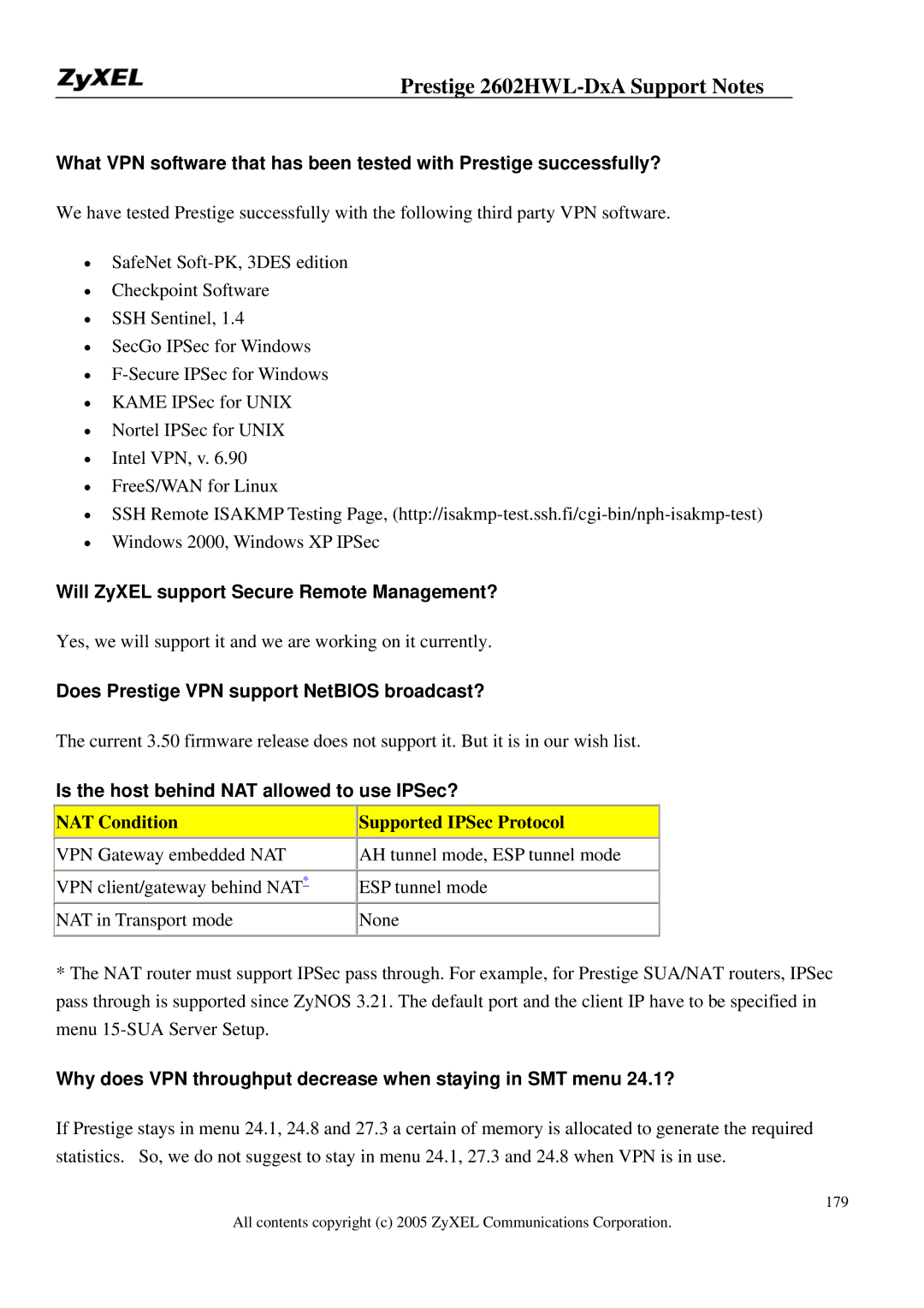 ZyXEL Communications 2602HWL-DXA Will ZyXEL support Secure Remote Management?, NAT Condition Supported IPSec Protocol 