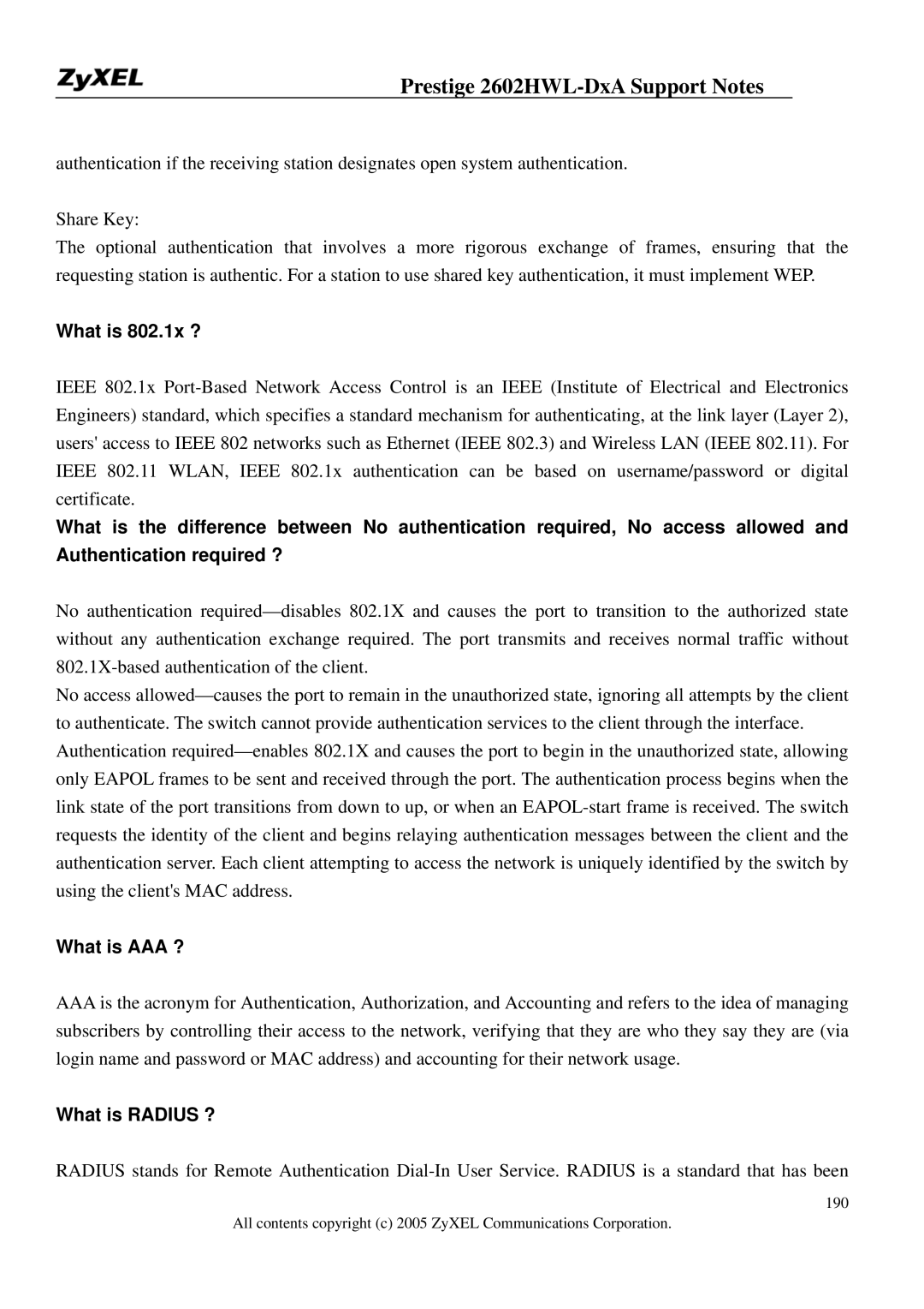 ZyXEL Communications 2602HWL-DXA manual What is 802.1x ?, What is AAA ?, What is Radius ? 