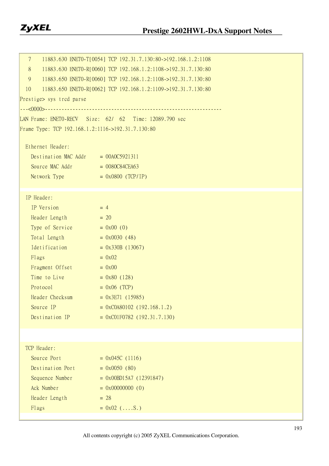 ZyXEL Communications 2602HWL-DXA manual Tcp 