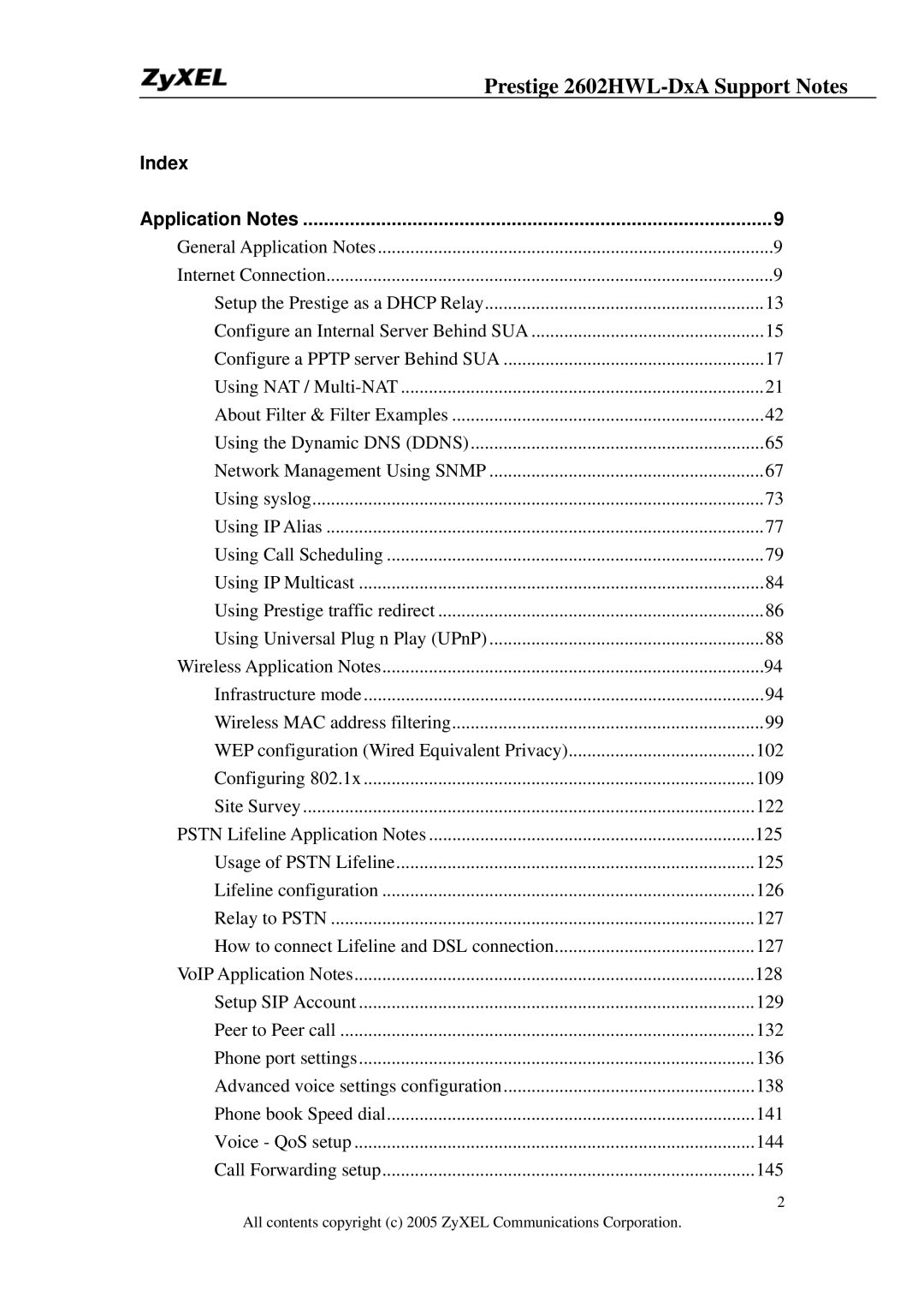 ZyXEL Communications 2602HWL-DXA manual Prestige 2602HWL-DxA Support Notes, Index Application Notes 