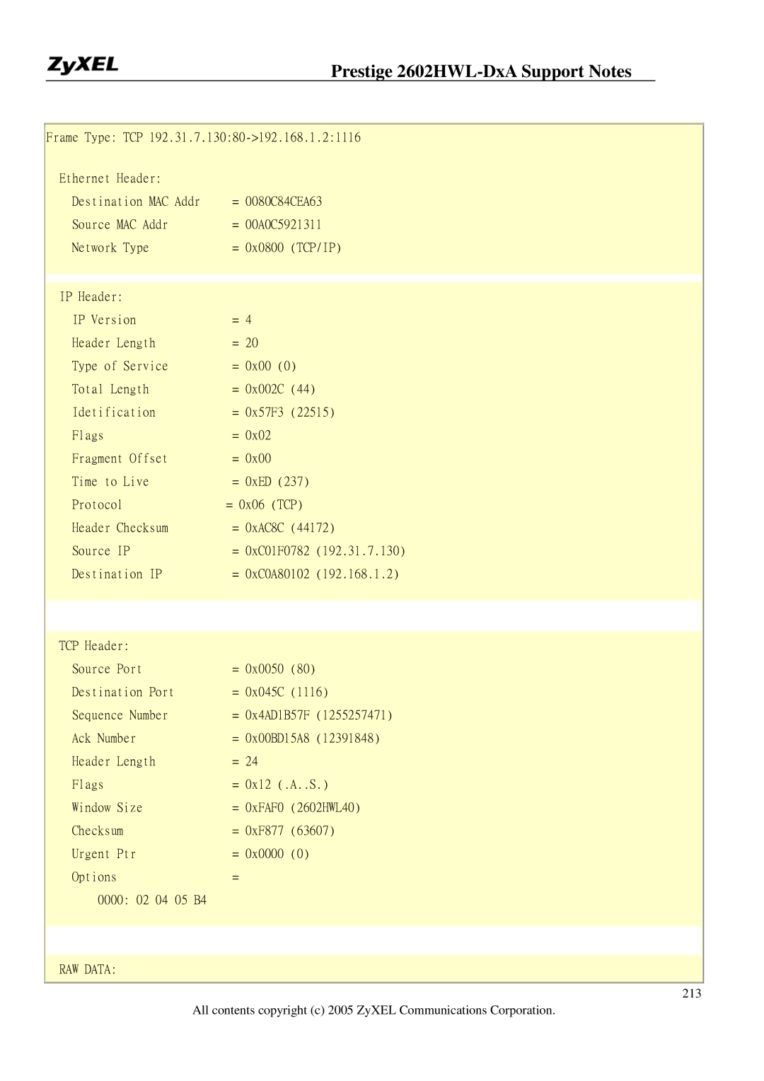 ZyXEL Communications 2602HWL-DXA manual Frame Type TCP Ethernet Header 