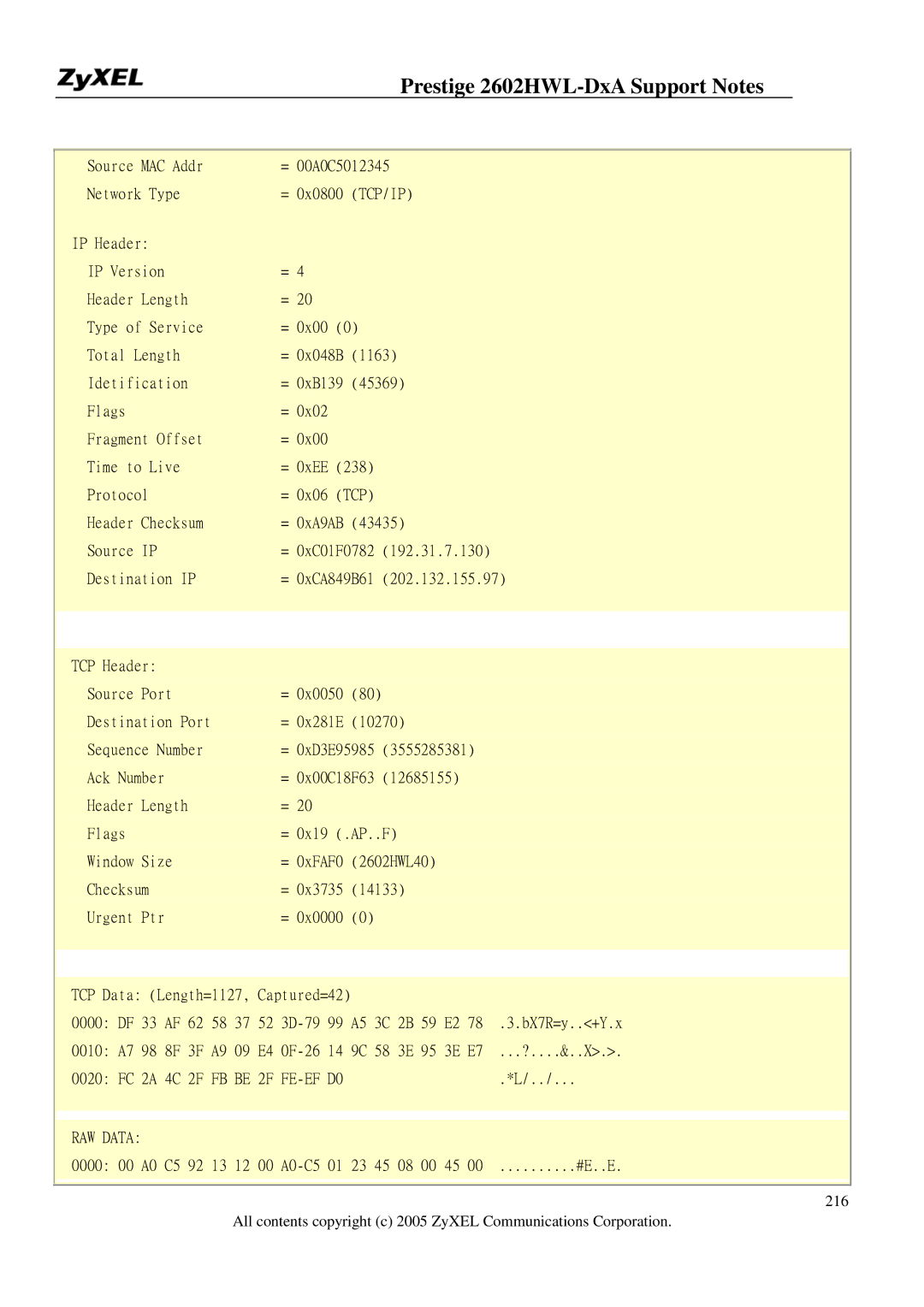 ZyXEL Communications 2602HWL-DXA manual MAC Addr = 00A0C5012345 Network Type 