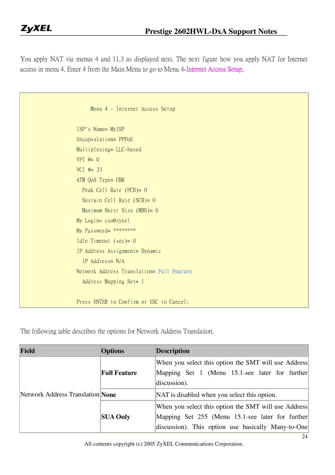 ZyXEL Communications 2602HWL-DXA manual Field Options Description, Full Feature, None, SUA Only 