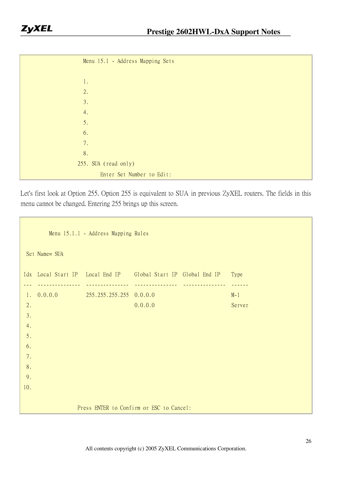 ZyXEL Communications 2602HWL-DXA manual Menu 15.1.1 Address Mapping Rules Set Name= SUA 