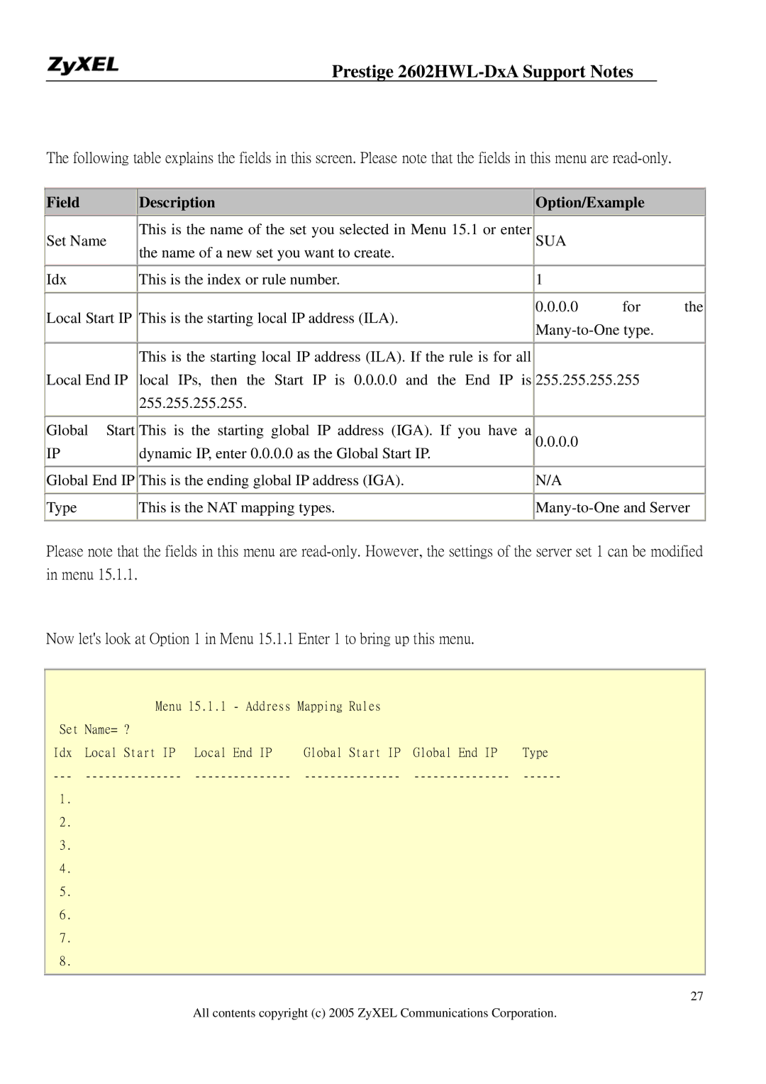 ZyXEL Communications 2602HWL-DXA manual Field Description Option/Example, Sua 