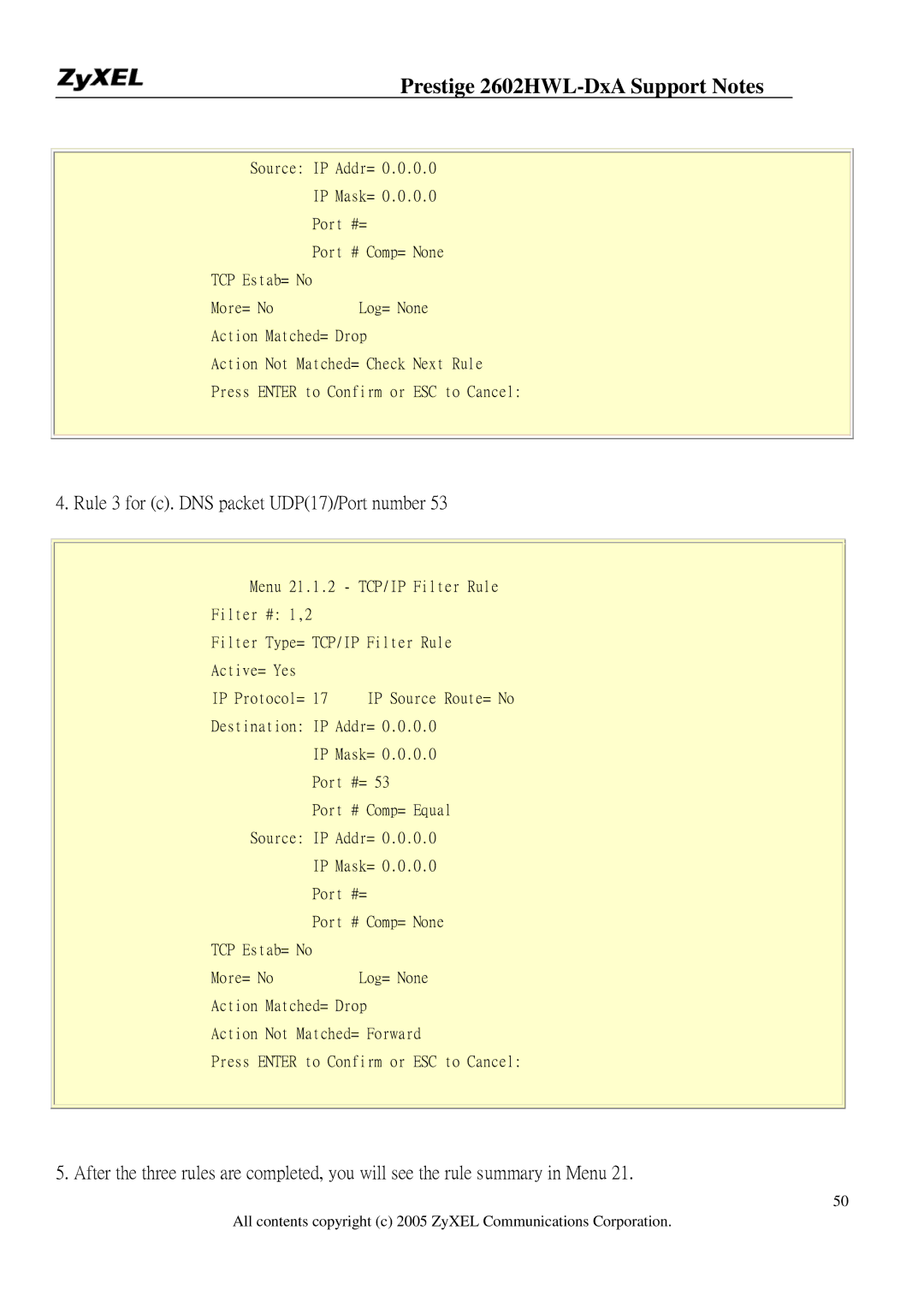 ZyXEL Communications 2602HWL-DXA manual Rule 3 for c. DNS packet UDP17/Port number 