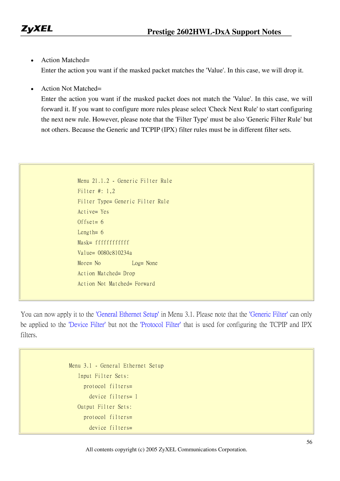 ZyXEL Communications 2602HWL-DXA manual Menu 3.1 General Ethernet Setup Input Filter Sets 