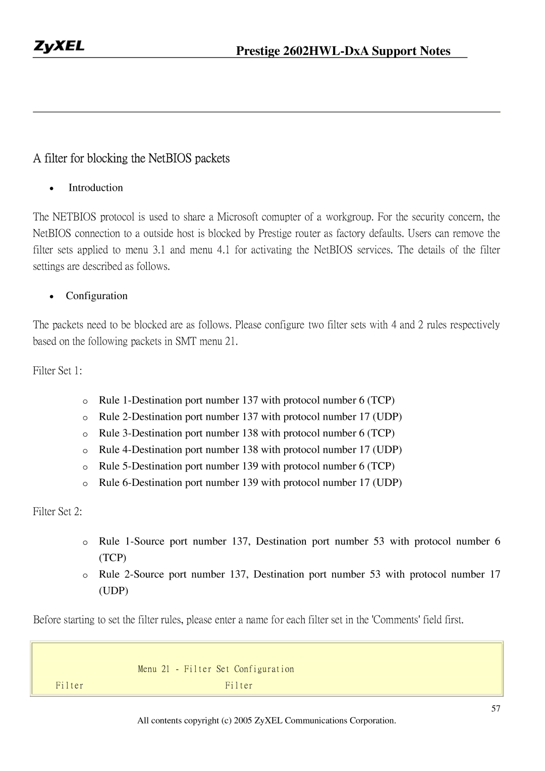 ZyXEL Communications 2602HWL-DXA manual Filter for blocking the NetBIOS packets 