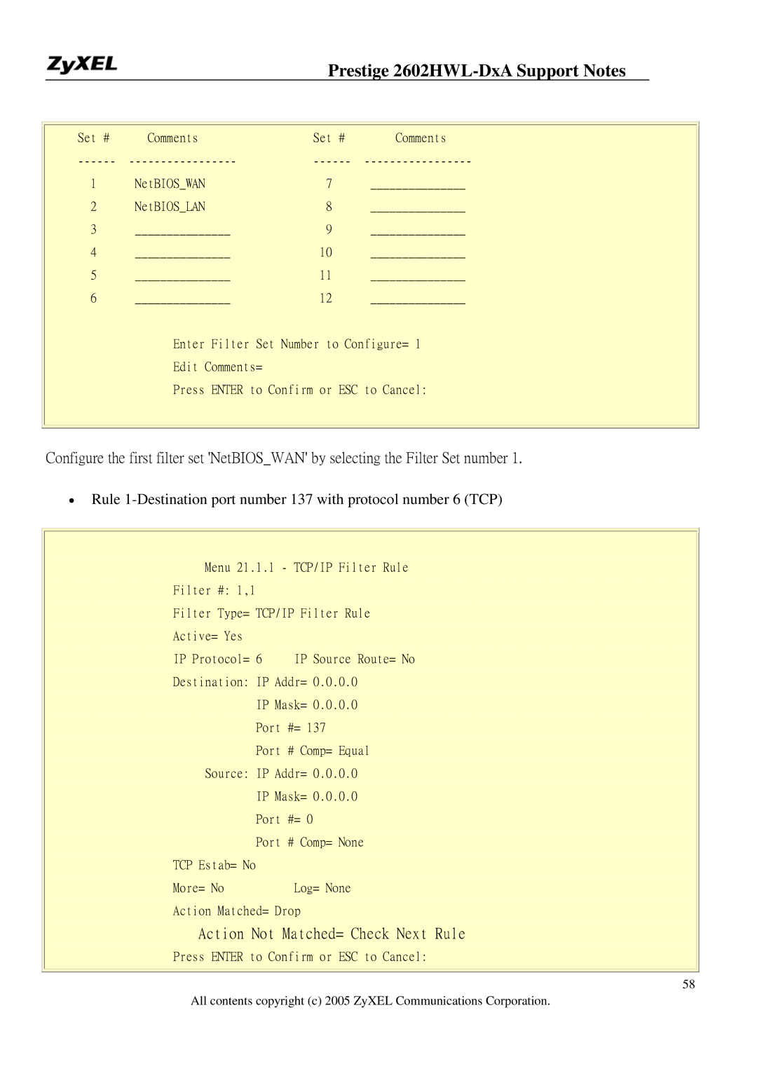 ZyXEL Communications 2602HWL-DXA manual Action Not Matched= Check Next Rule 