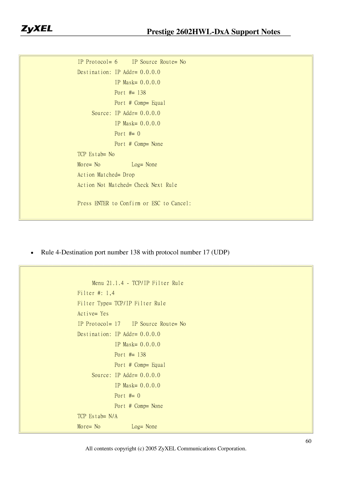 ZyXEL Communications 2602HWL-DXA manual TCP Estab= N/A More= No Log= None 