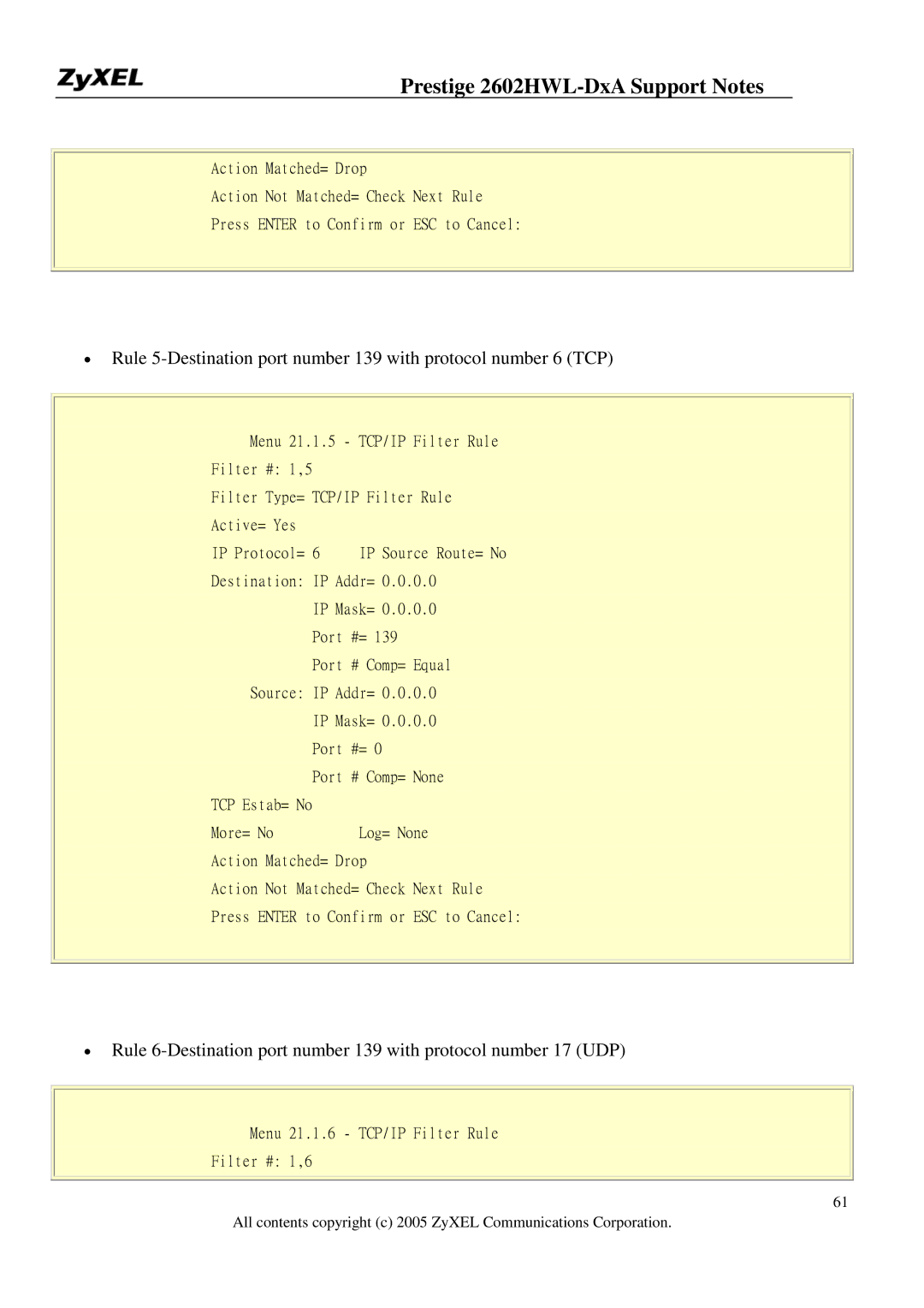 ZyXEL Communications 2602HWL-DXA manual Menu 21.1.6 TCP/IP Filter Rule Filter # 1,6 