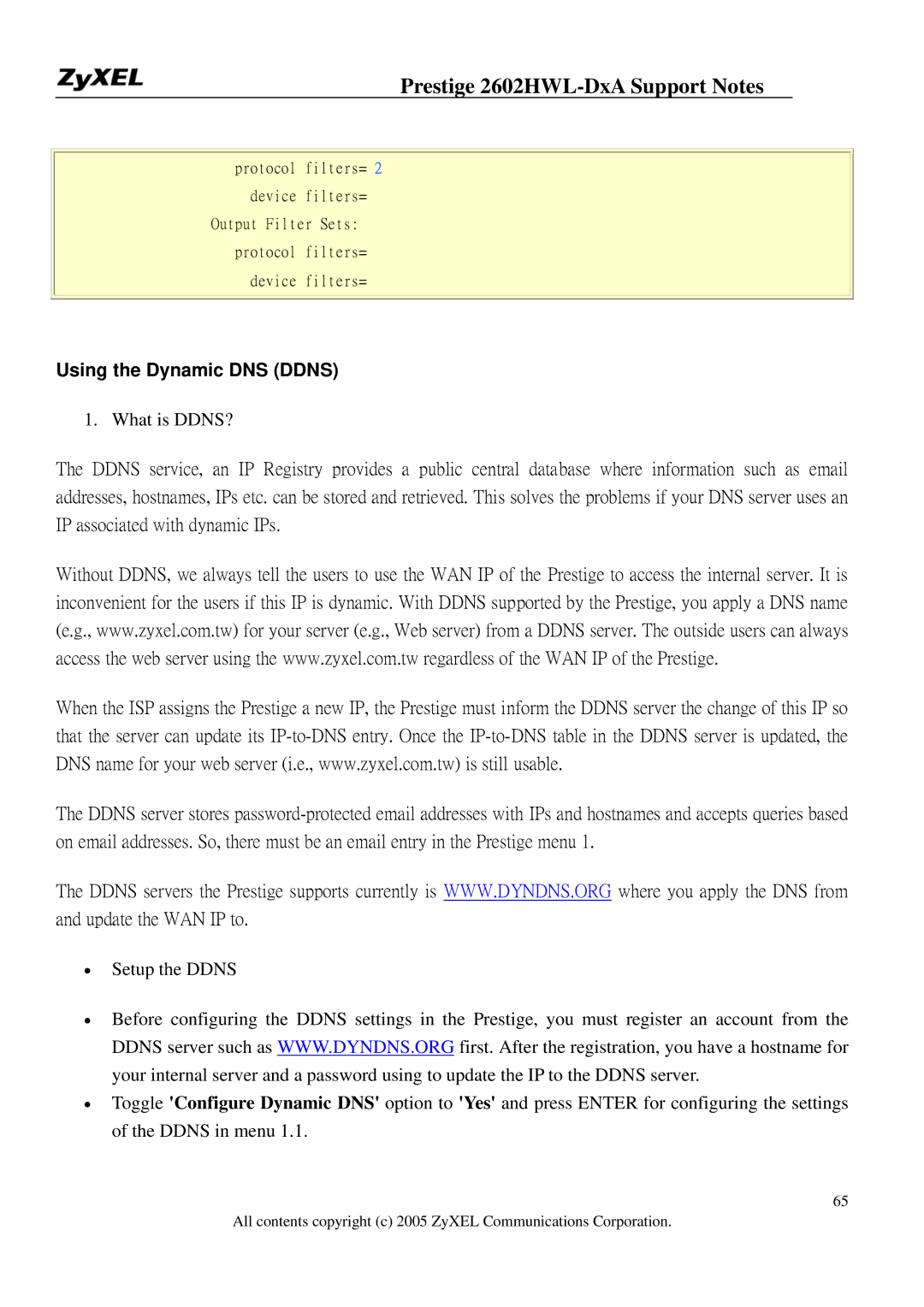 ZyXEL Communications 2602HWL-DXA manual Using the Dynamic DNS Ddns 