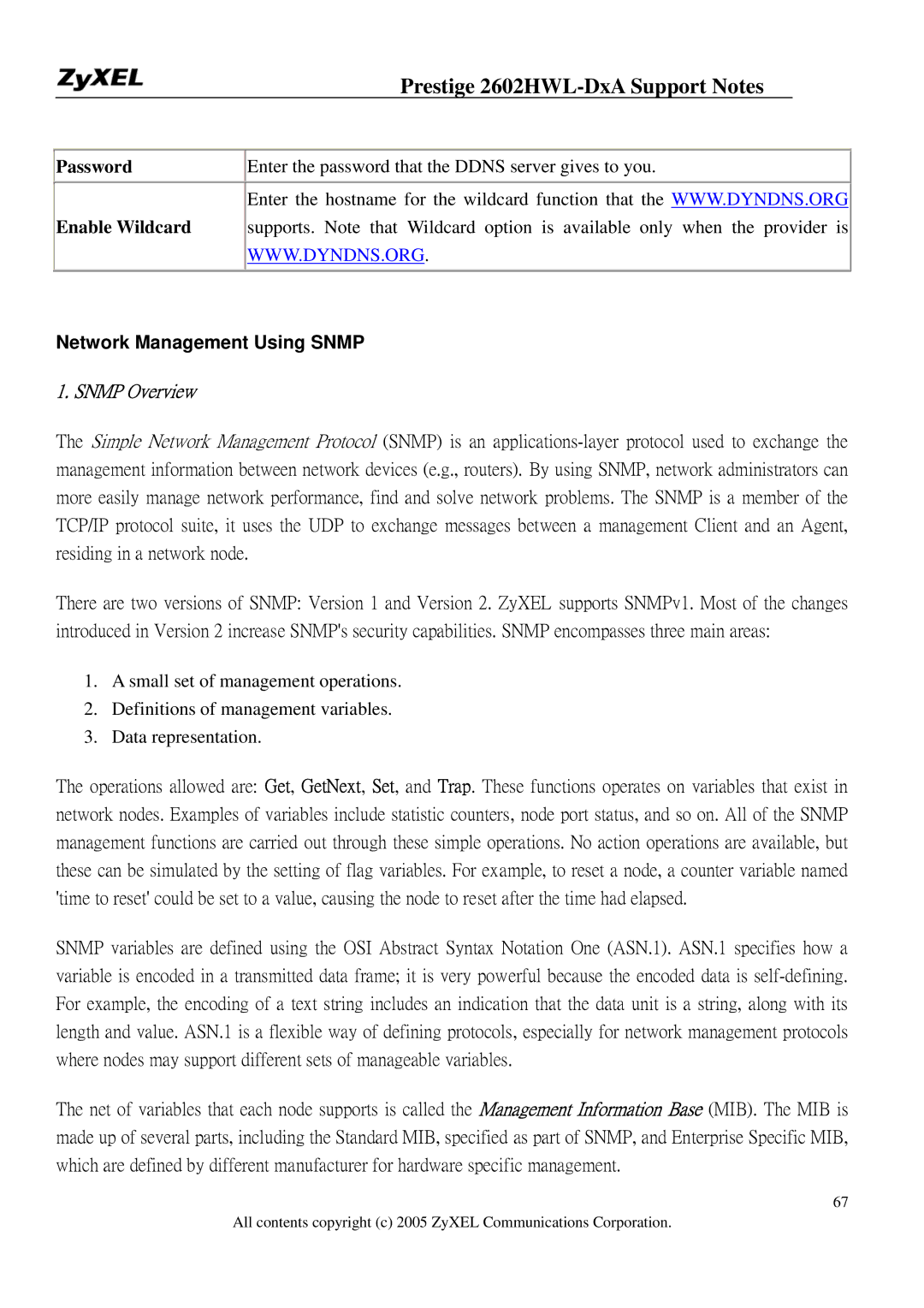 ZyXEL Communications 2602HWL-DXA manual Password Enable Wildcard, Network Management Using Snmp 