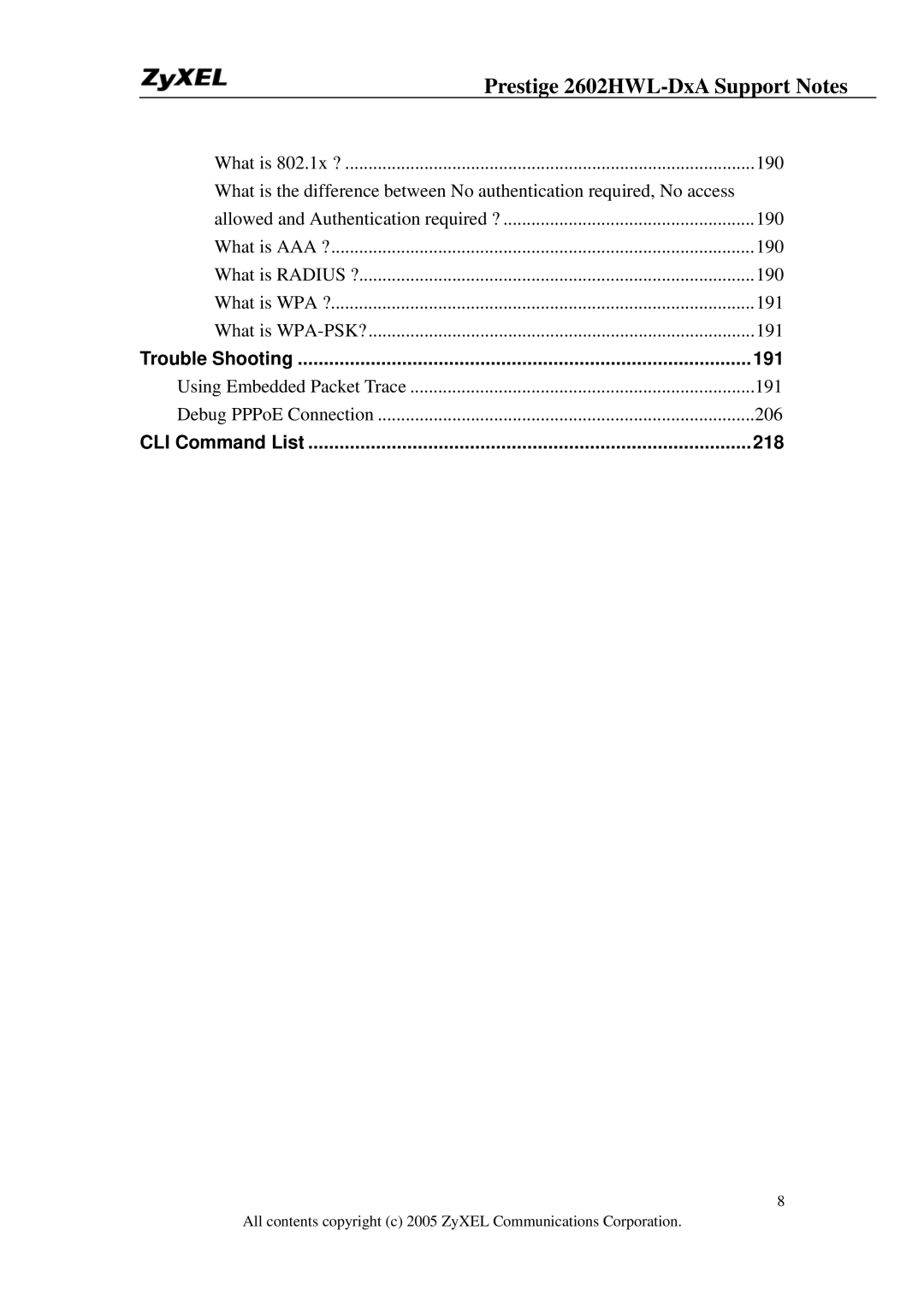 ZyXEL Communications 2602HWL-DXA manual Trouble Shooting 191, CLI Command List 218 