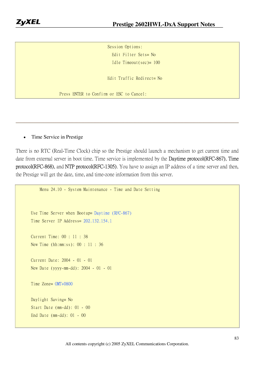 ZyXEL Communications 2602HWL-DXA manual Time Service in Prestige 