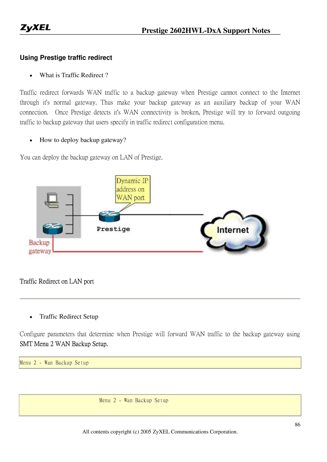 ZyXEL Communications 2602HWL-DXA Using Prestige traffic redirect, You can deploy the backup gateway on LAN of Prestige 