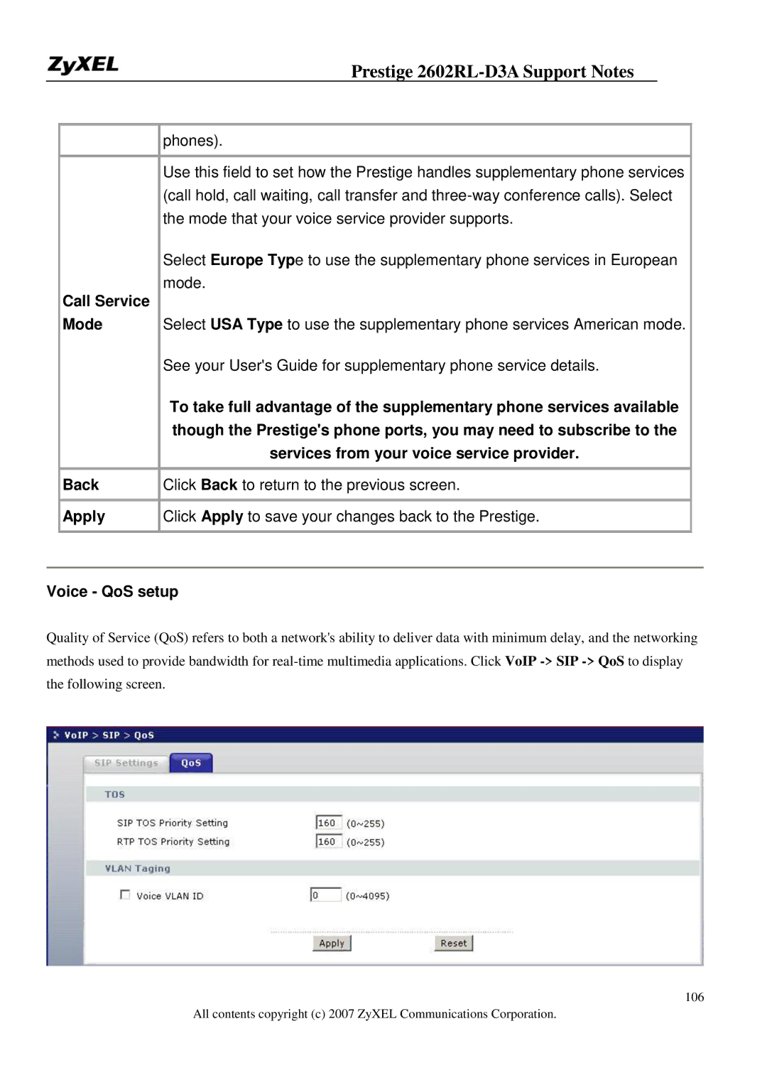 ZyXEL Communications 2602RL-D3A manual Call Service Mode, Services from your voice service provider, Voice QoS setup 