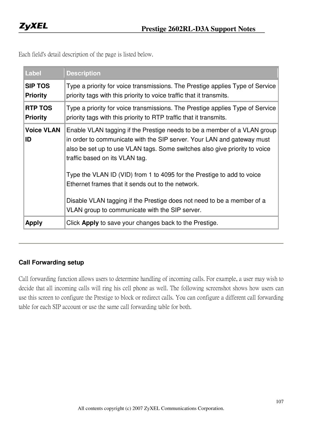 ZyXEL Communications 2602RL-D3A manual Priority, Voice Vlan, Call Forwarding setup 