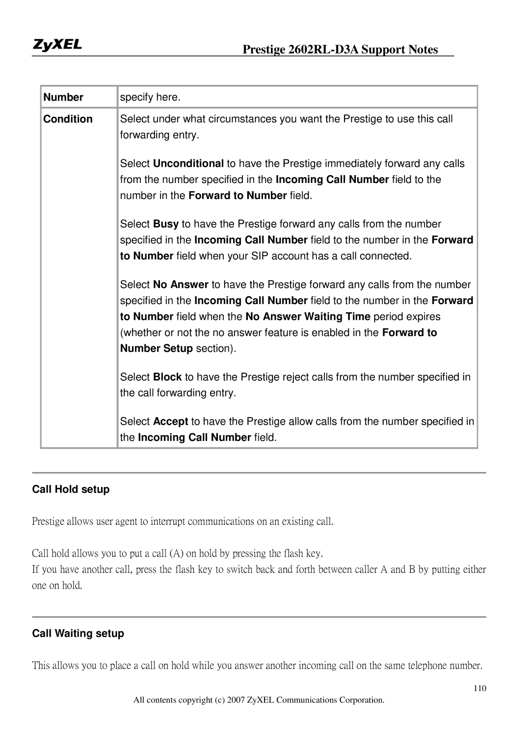 ZyXEL Communications 2602RL-D3A manual Condition, Number Setup section, Incoming Call Number field, Call Hold setup 