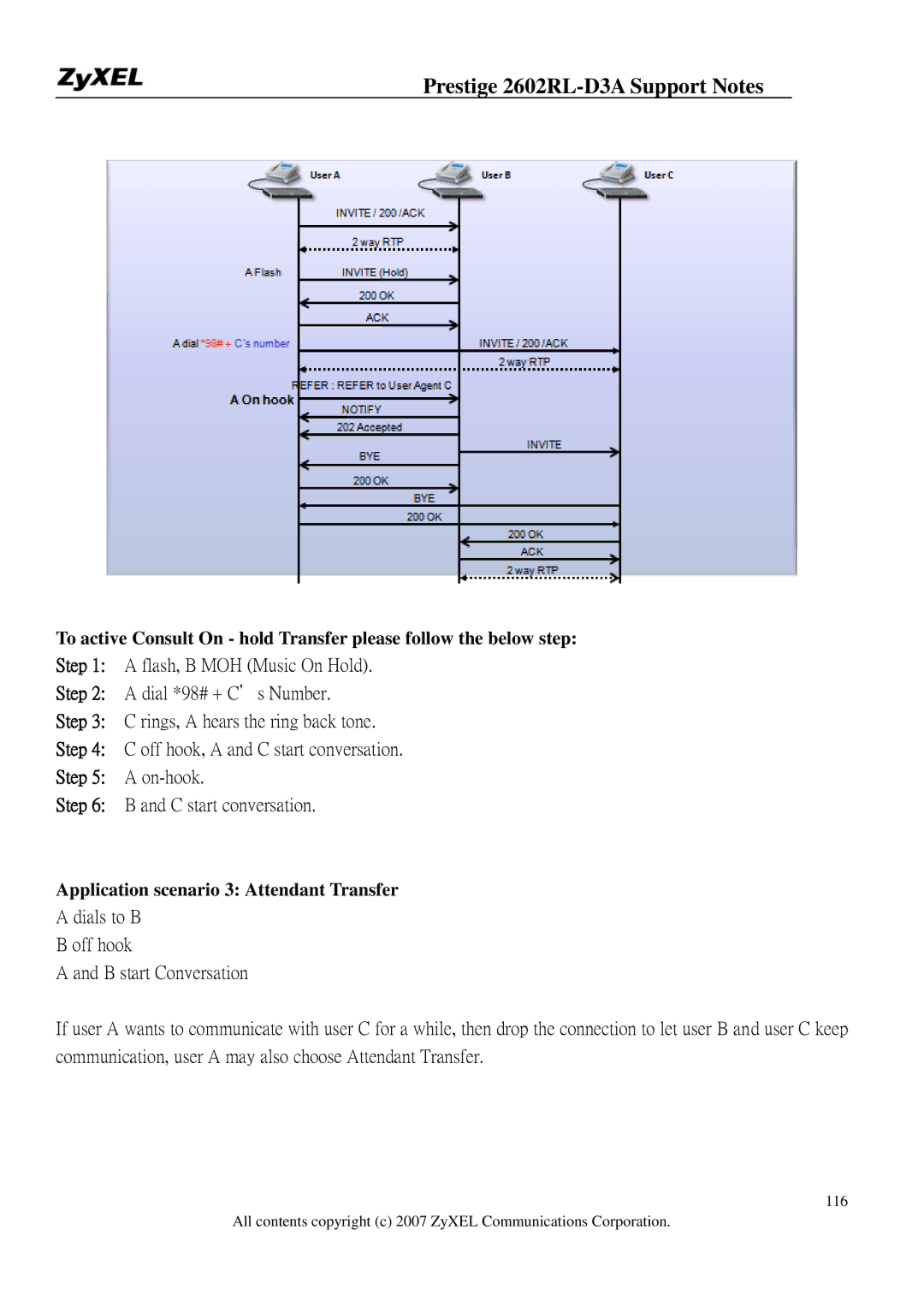 ZyXEL Communications 2602RL-D3A manual Application scenario 3 Attendant Transfer 