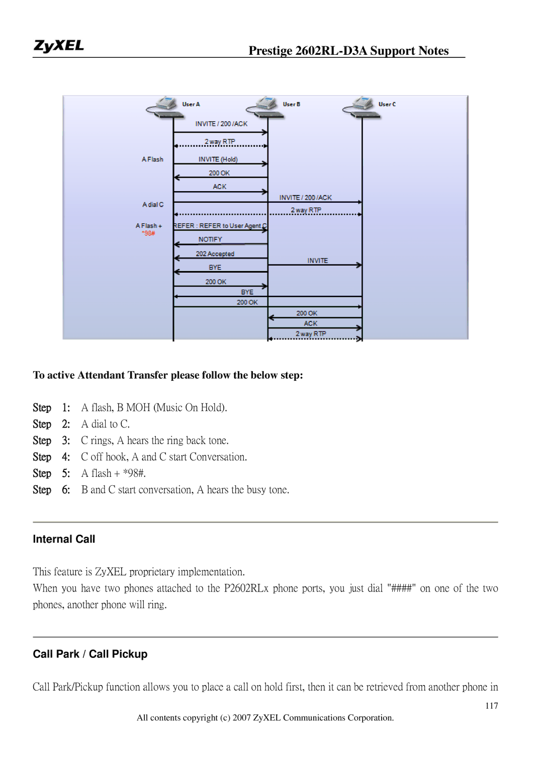 ZyXEL Communications 2602RL-D3A manual To active Attendant Transfer please follow the below step, Internal Call 