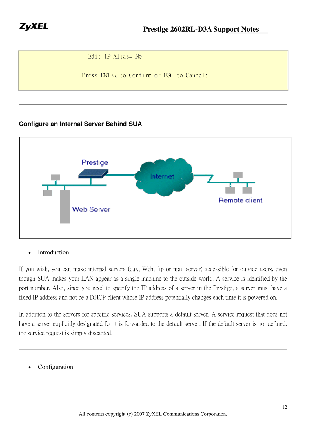 ZyXEL Communications 2602RL-D3A manual Edit IP Alias= No Press Enter to Confirm or ESC to Cancel 