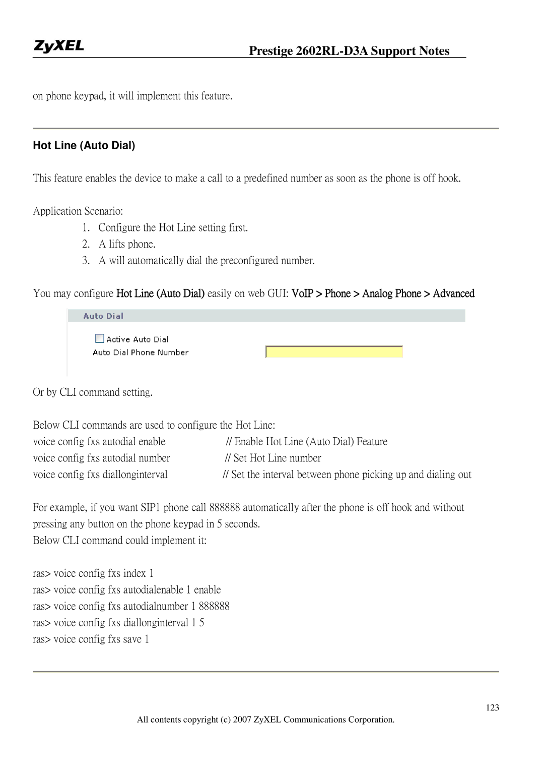 ZyXEL Communications 2602RL-D3A manual On phone keypad, it will implement this feature, Hot Line Auto Dial 