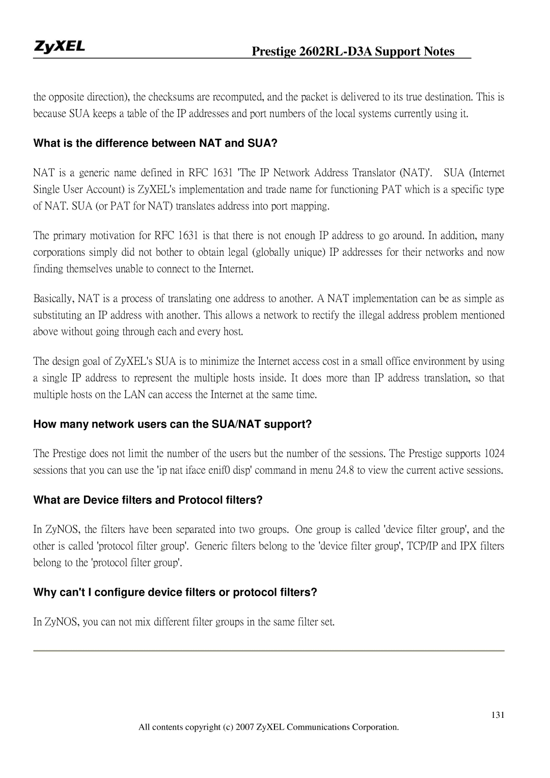 ZyXEL Communications 2602RL-D3A What is the difference between NAT and SUA?, What are Device filters and Protocol filters? 