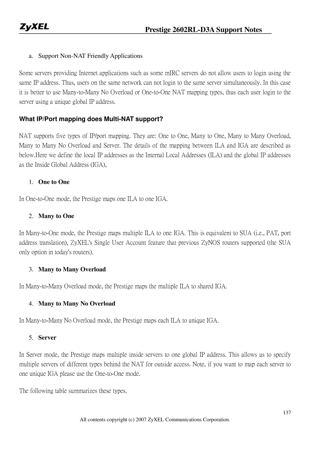 ZyXEL Communications 2602RL-D3A manual What IP/Port mapping does Multi-NAT support?, Server 