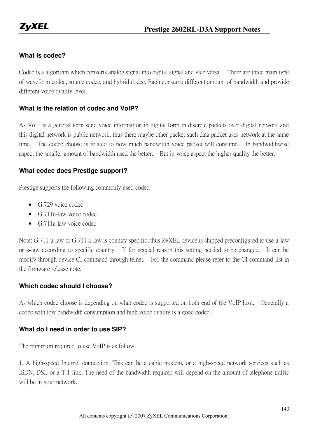 ZyXEL Communications 2602RL-D3A What is codec?, What is the relation of codec and VoIP?, What codec does Prestige support? 