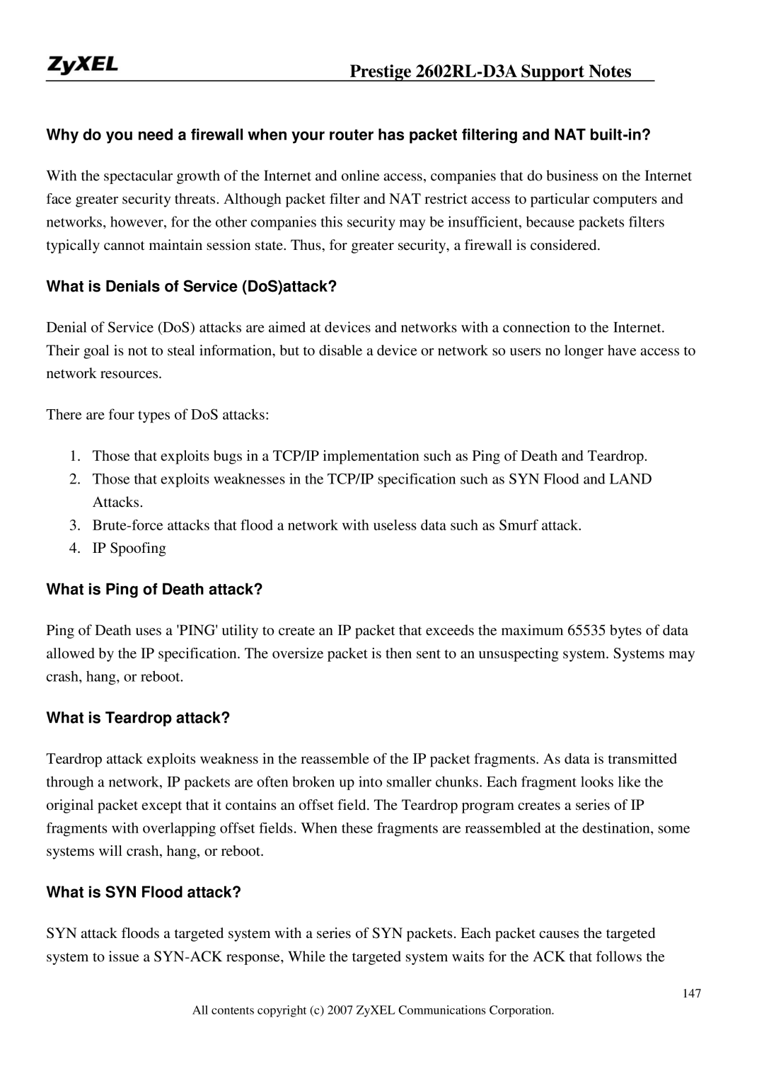 ZyXEL Communications 2602RL-D3A manual What is Denials of Service DoSattack?, What is Ping of Death attack? 