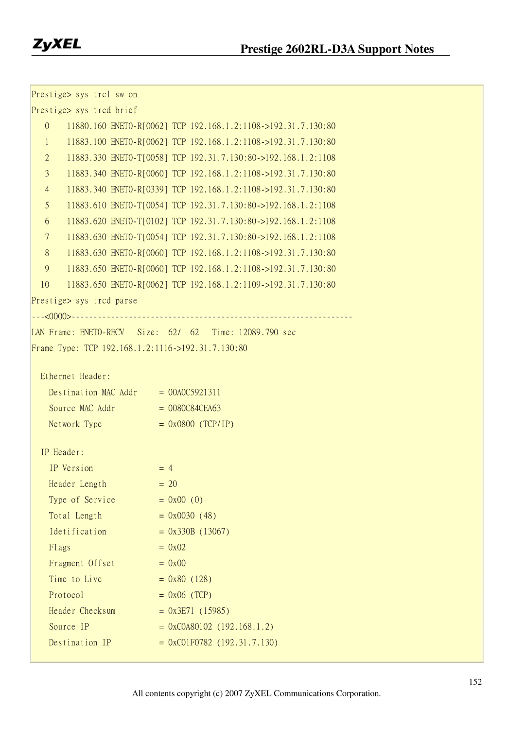 ZyXEL Communications 2602RL-D3A manual Tcp 