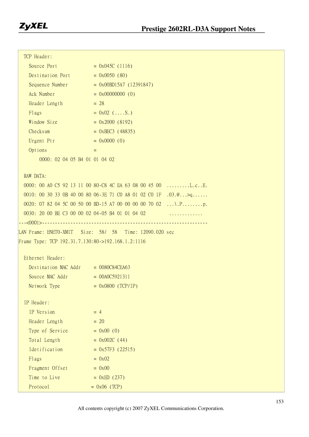 ZyXEL Communications 2602RL-D3A manual RAW Data 