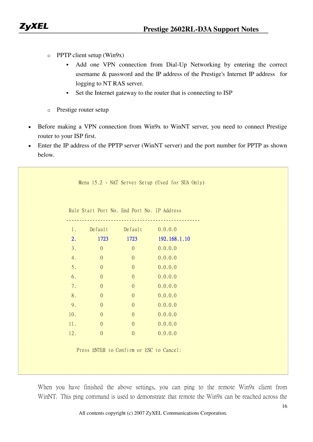 ZyXEL Communications 2602RL-D3A manual 1723 192.168.1.10 