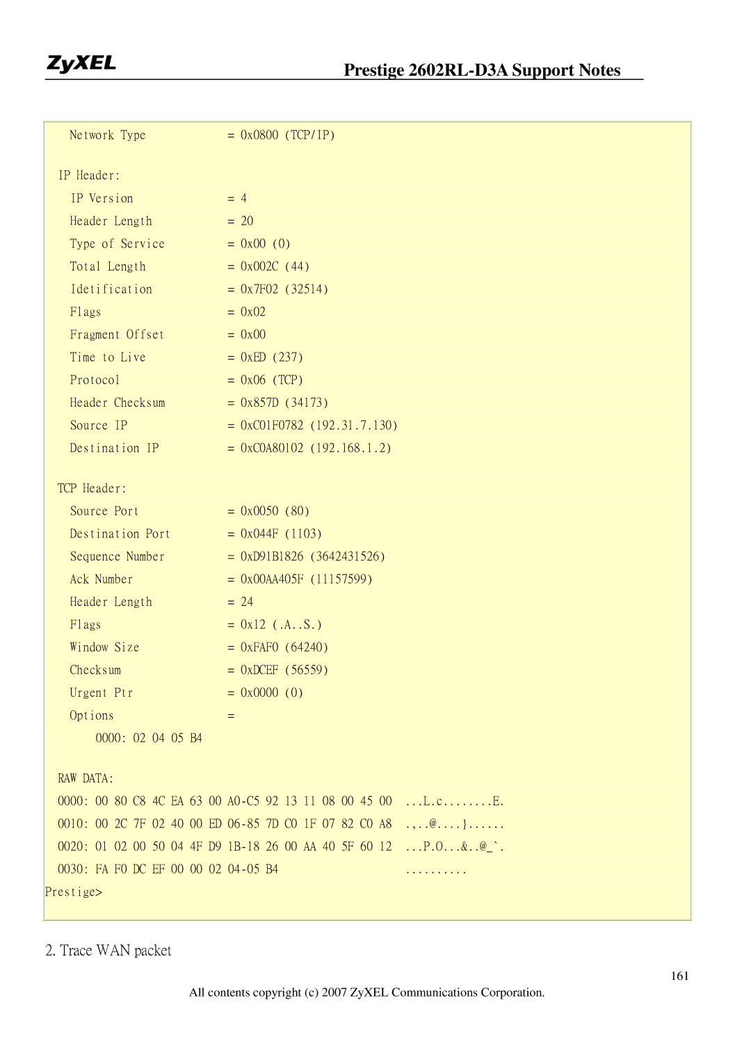 ZyXEL Communications 2602RL-D3A manual RAW Data 