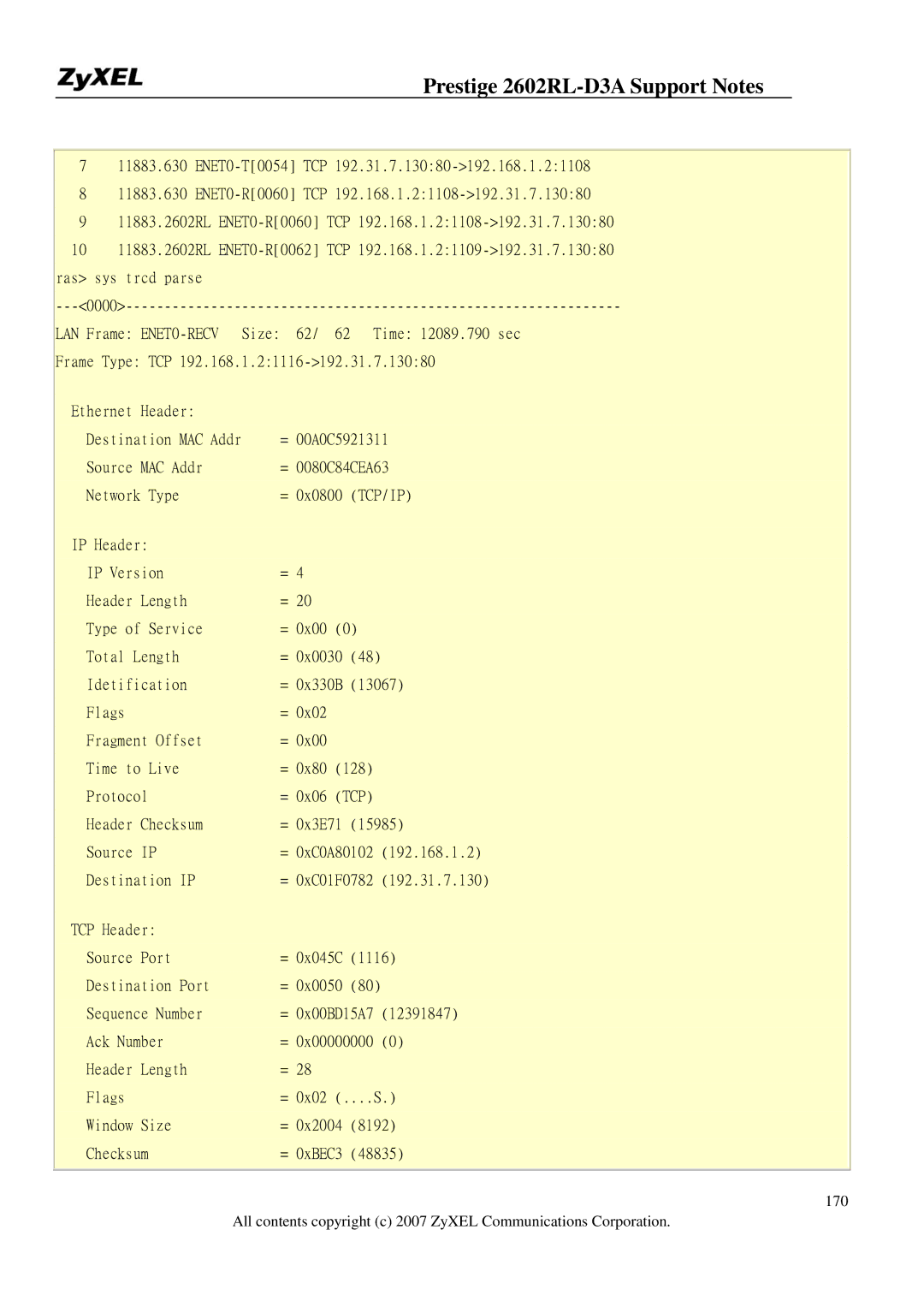 ZyXEL Communications 2602RL-D3A manual Tcp 