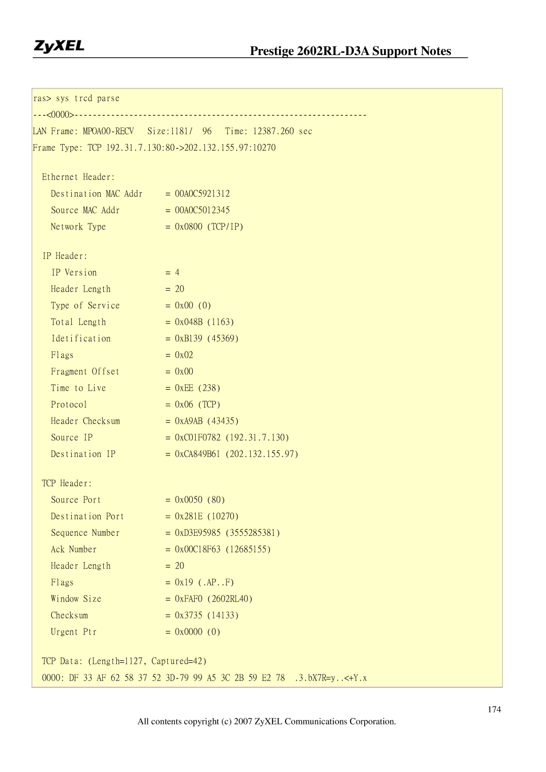 ZyXEL Communications 2602RL-D3A manual Ras sys trcd parse 