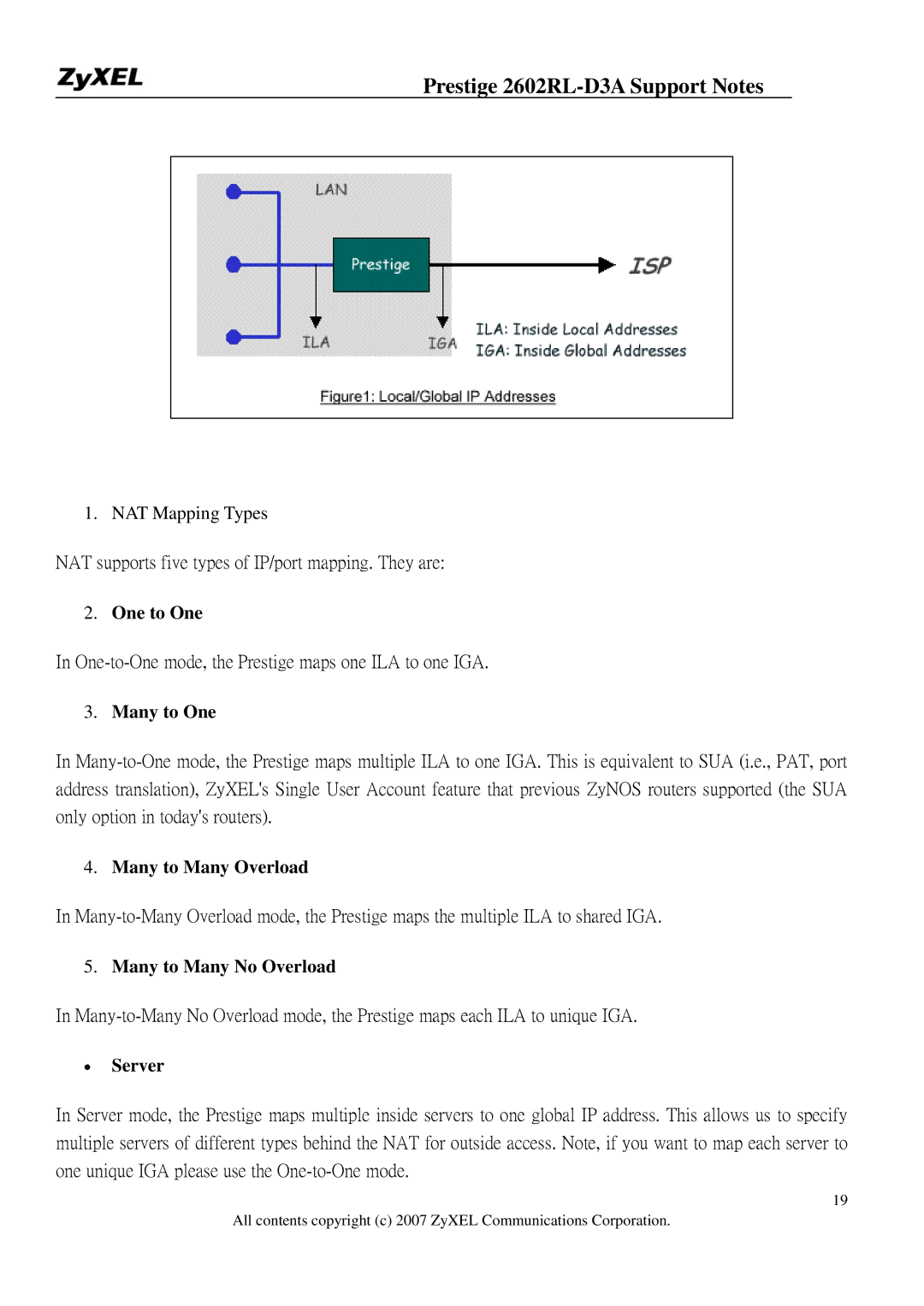 ZyXEL Communications 2602RL-D3A manual One to One, Many to One, Many to Many Overload, Many to Many No Overload, ∙ Server 